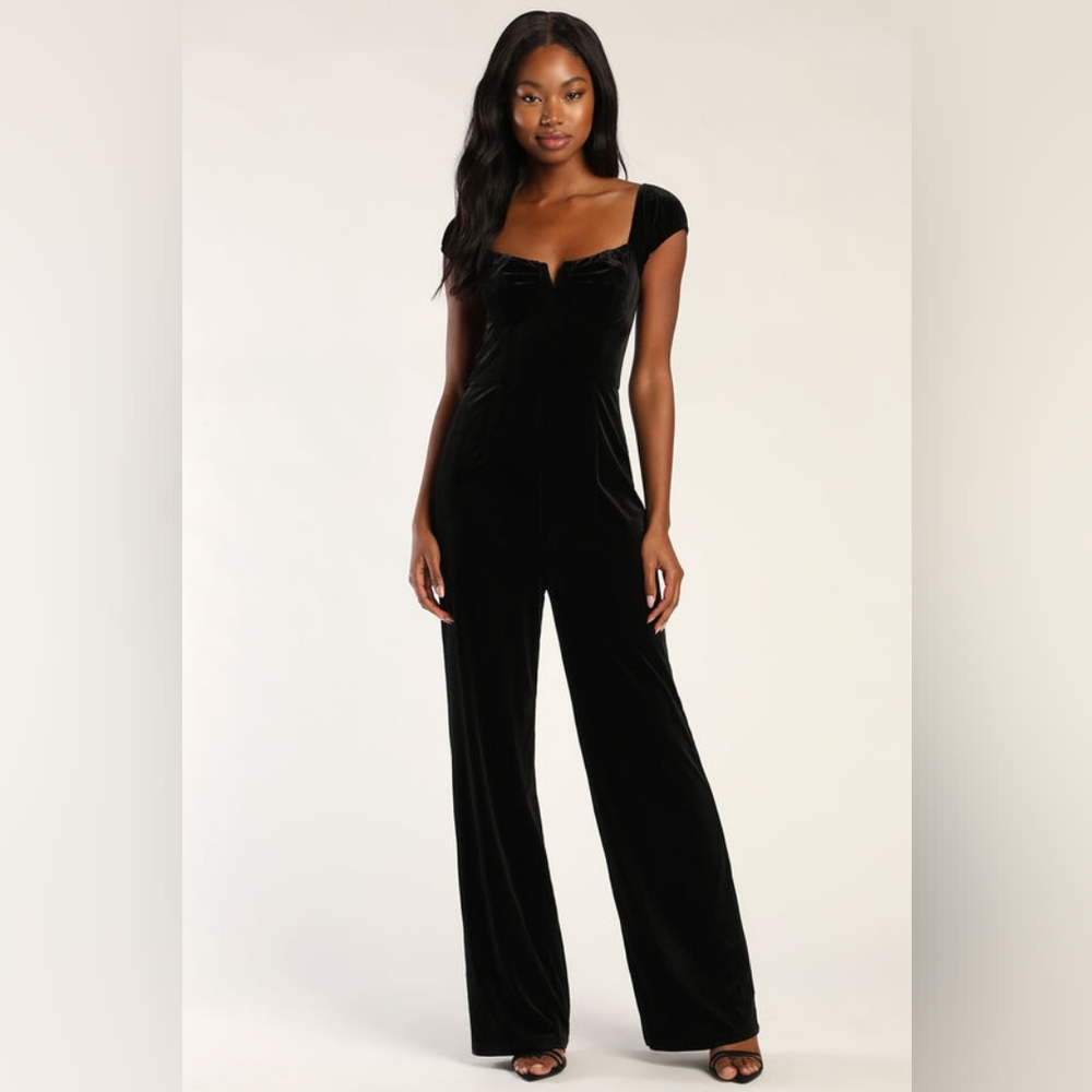 Lulu's New Glam Black Velvet Bustier Off-the-Shoulder Jumpsuit